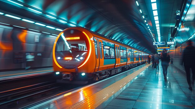 Train Traveling Through Station Next to Crowd of People