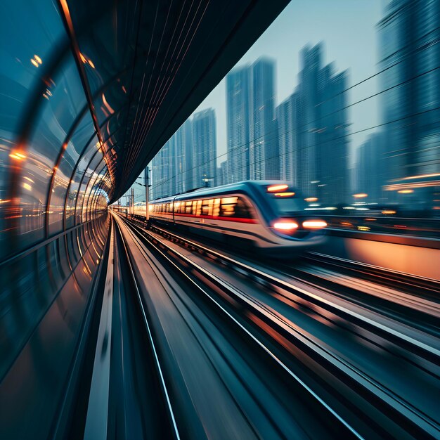 a train traveling through a train station next to tall buildings