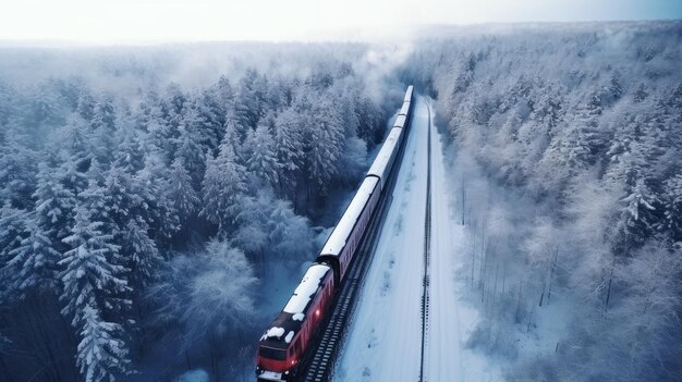 列車は雪に覆われた冬の森で鉄道に沿って移動する