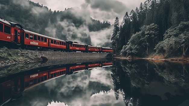 A train travels along a river with trees in the background.