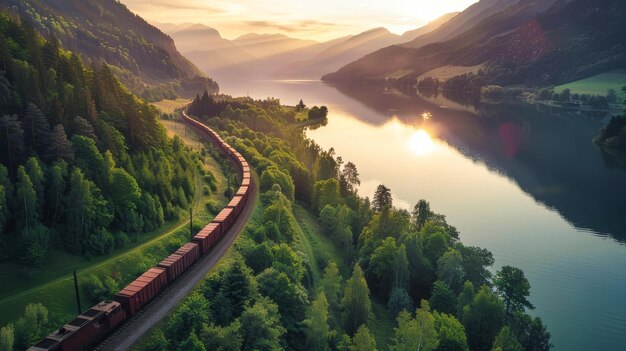 A train travels through a dense green forest surrounded by vibrant foliage and towering trees