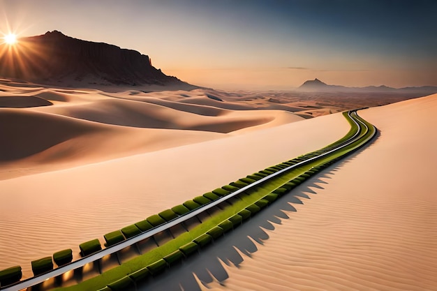 A train travels through the desert with a green grass field in the foreground.