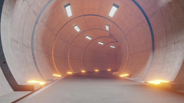 Train tunnel fiction in interior rendering sci-fi, orange tunnel light.