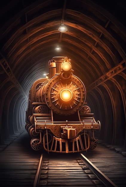 A train in a tunnel with a lit up face.