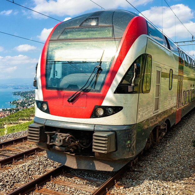 Train at Vineyard Terraces of Lavaux at Lake Geneva and Swiss Alps, Lavaux-Oron district, Switzerland