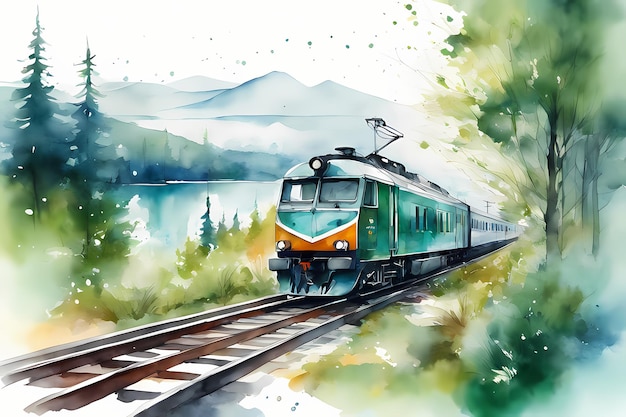 Photo train wagons railway watercolor