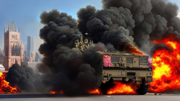 A train with the american flag on it is burning in a fire.