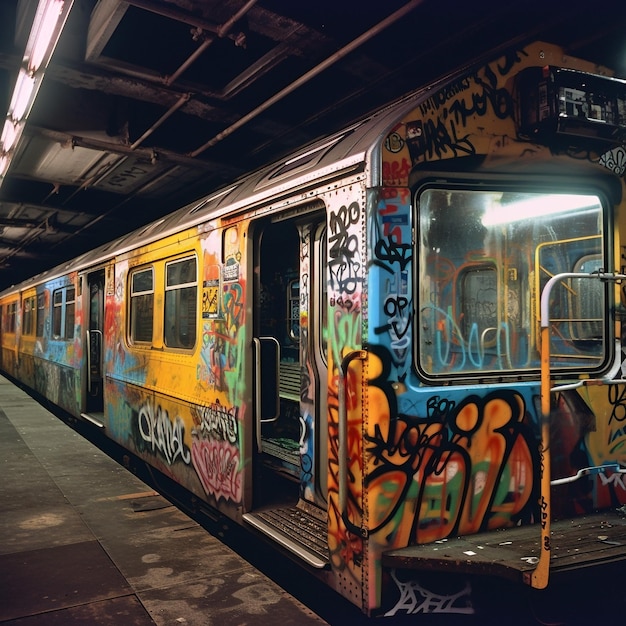 A train with graffiti on the side of it