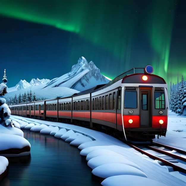 A train with the lights on it is going through the snow