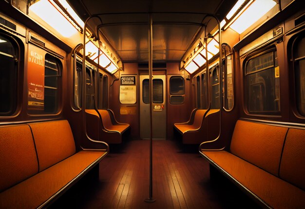 A train with orange seats and a sign that says " no. "