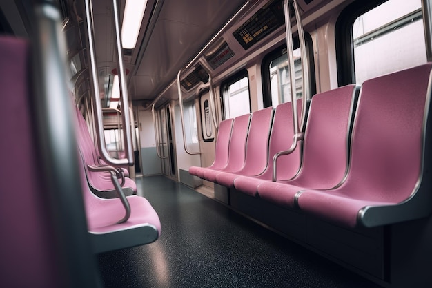 A train with pink seats and a sign that says metro on it