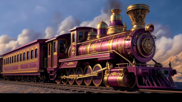 A train with purple and gold colored paint and a gold logo on the front.