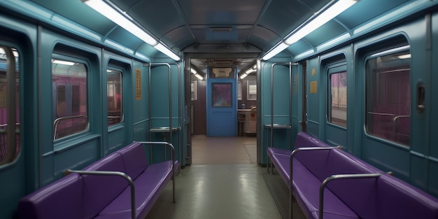 A train with purple seats and a sign that says " no smoking " on it.