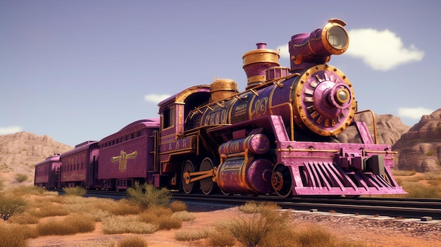 A train with a purple train with the word gold on the front.