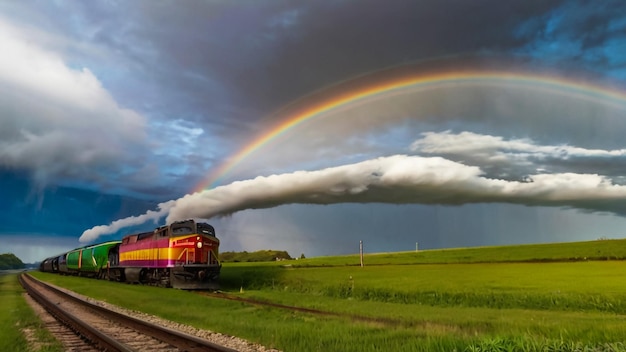 a train with a rainbow in the sky and a rainbow in the background