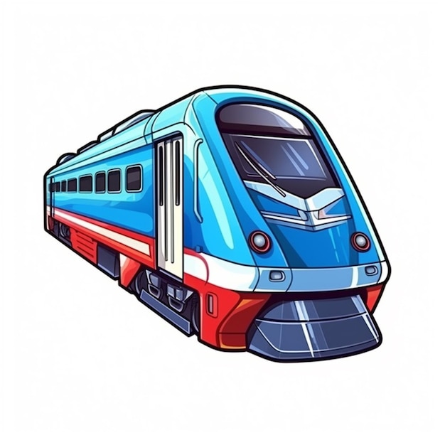 A train with a red and blue front and white logo that says " train ".