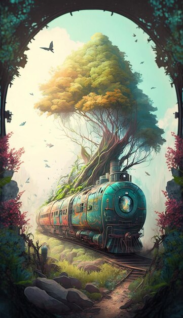 A train with a tree growing on it