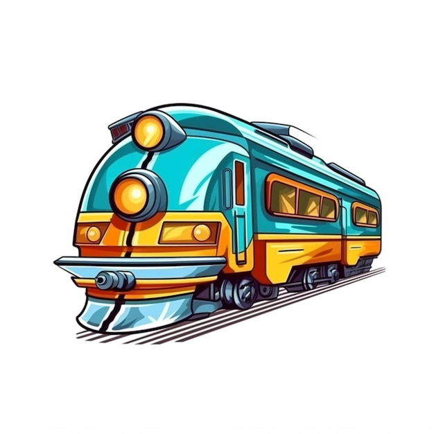 A train with a yellow and blue front and the word train on the front.