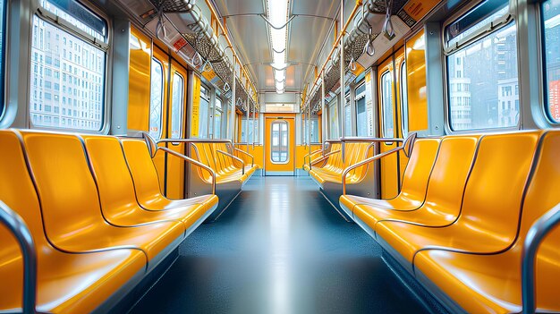 A train with yellow seats and windows in a station area with a city skyline in the background and a