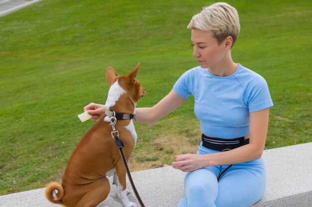 Trained intelligent dog taking food from human