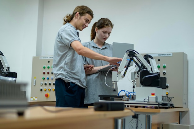 Trainee Robotics engineer learning with Programming and Manipulating Robot Hand