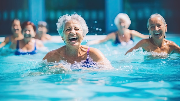 Trainen in water Actieve oudere vrouwen genieten van aquafitlessen in een zwembad en tonen vreugde en kameraadschap die een gezonde, gepensioneerde levensstijl belichamen Generatieve Ai