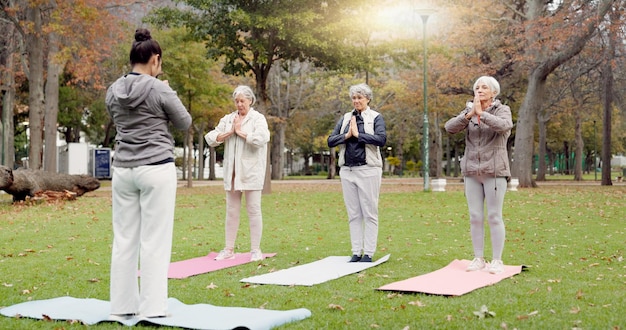 Photo trainer park and elderly women stretching yoga and fitness for wellness health and pilates training female people senior club or group outdoor meditation or workout with exercise or retirement