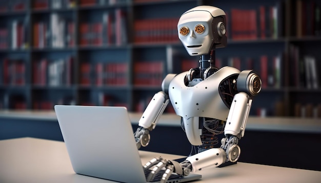 Training of ai robots Robot sits at a table with laptop in a library Generative ai