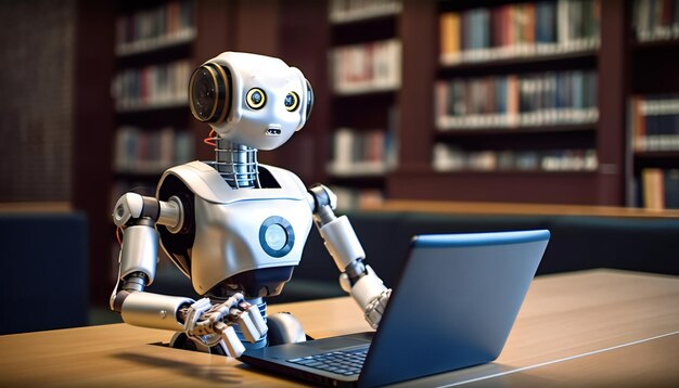 Training of ai robots Robot sits at a table with laptop in a library Generative ai