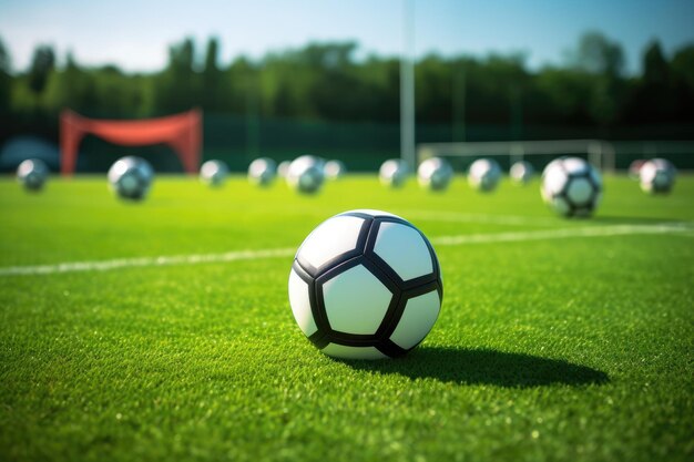 Training children in Soccer with cone tactics on a grass field