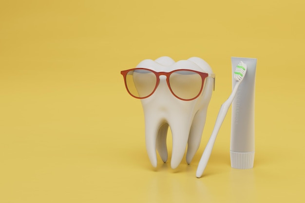 Training of dentists in oral hygiene tooth model with glasses\
toothbrush and paste 3d render