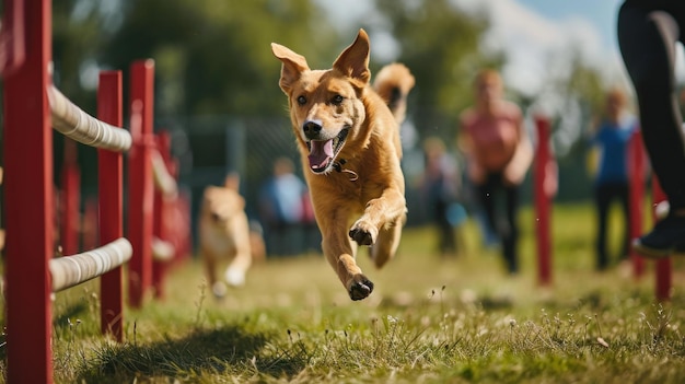 Photo training dogs to jump over obstacles