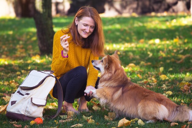 トレーニング-公園を歩く少女と犬のコーギー