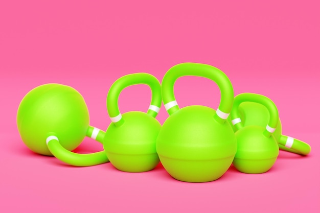 Foto training groene gewichten op roze geïsoleerde achtergrond halters kettlebell3d illustratie