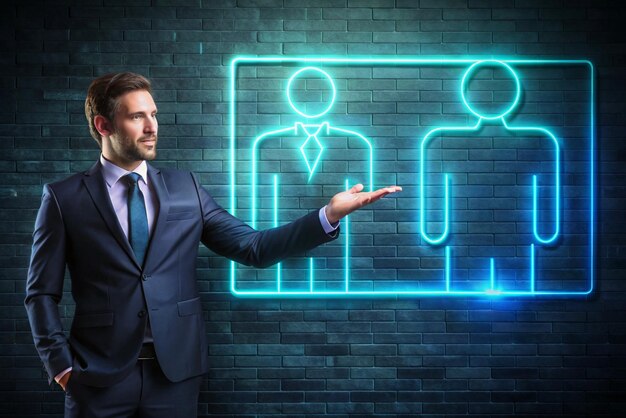 Training icon coaching concept teacher and learner presentation conference lesson seminar education symbol Businessman shows glowing neon line of training icon