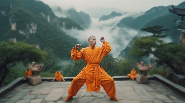 Photo training in the mountains of a shaolin monk