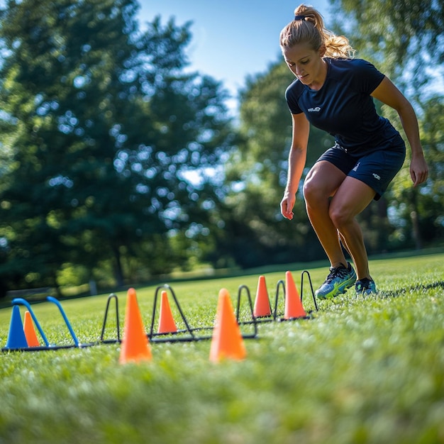 A training session with agility ladders cones and speed hurdles Premium AI generated image