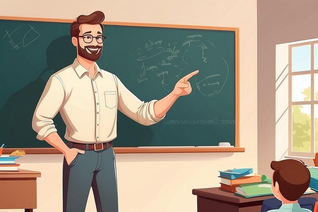 Photo training teaching education concept happy man teacher tutor cartoon character explaining new topic subject near blackboard giving knowledge school college or university training illustration