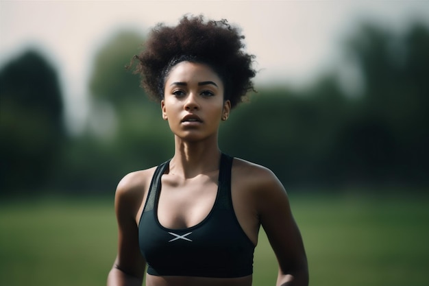 Training vrouw sport park Afro-Amerikaanse atleet fitness run meisje oefening buiten generatieve AI