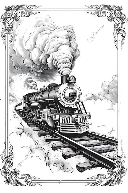 Trains Postcard Design With Vintage Frame Style Design Decor Outline Scribble CNC Tattoo Ink Art