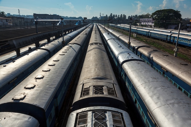 Trains at train station. Trivandrum, Kerala, India