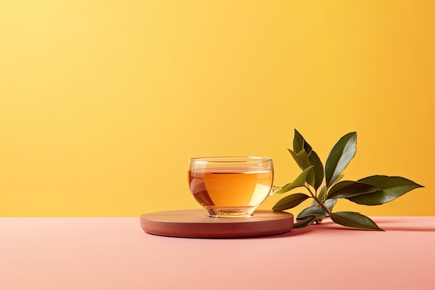 Trajan medicinal tea in a glass cup on a yellow background in a minimalist style copy space