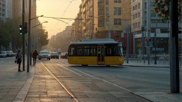 Трамвай приближается в вечернем свете.