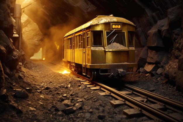 A tram carrying gold ore in a gold mine Generate Ai