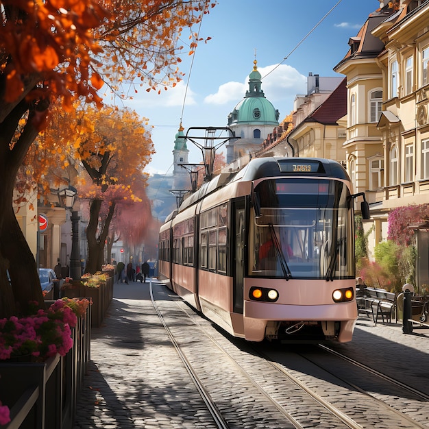 Tram in Praag op een historische straat zonnige dag helder