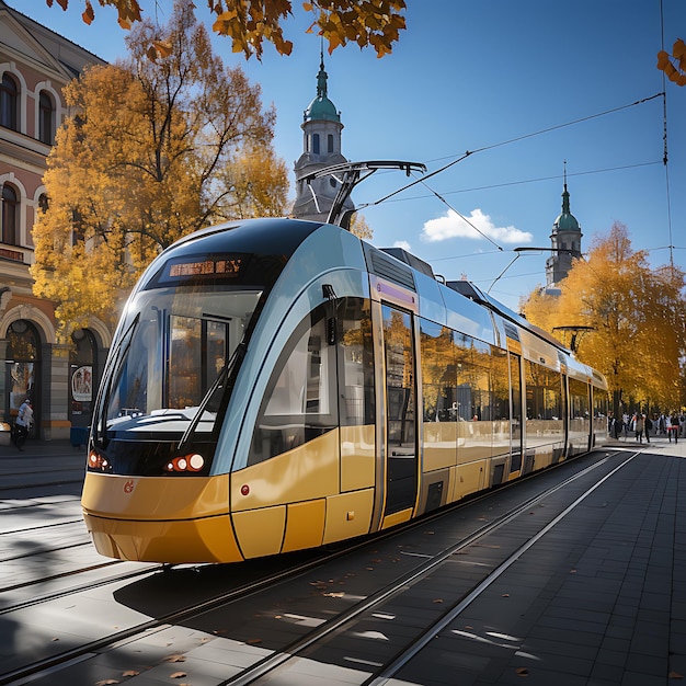 Tram in Praag op een historische straat zonnige dag helder