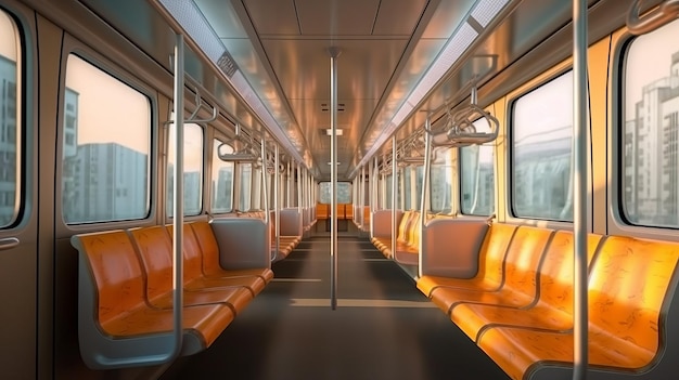 Интерьер трамвая с пустыми сиденьями в общественном городском транспорте