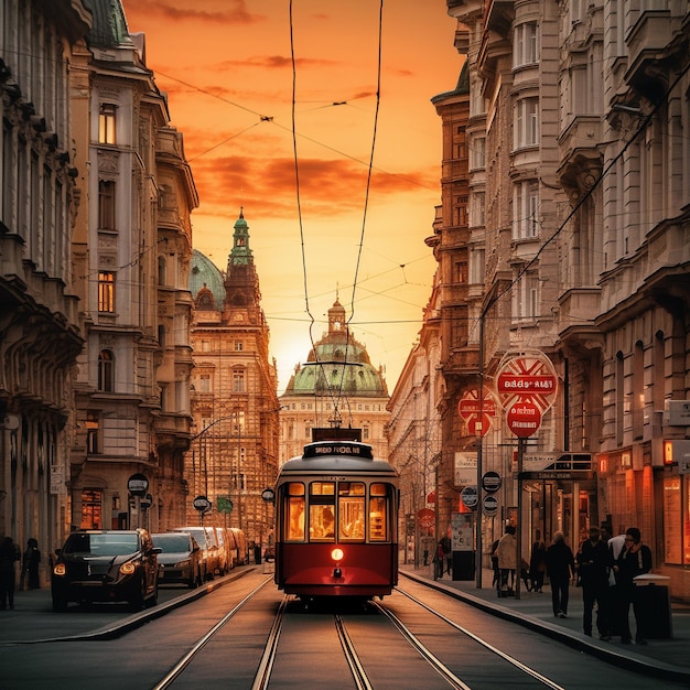 a tram is going down the street in front of a red sign that says tram stop.