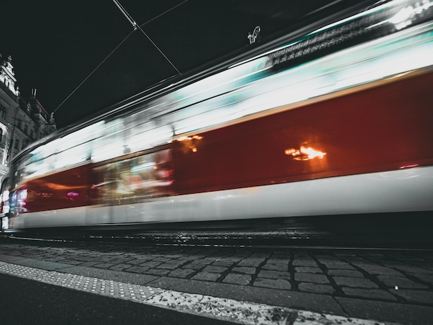 tram in movement at night