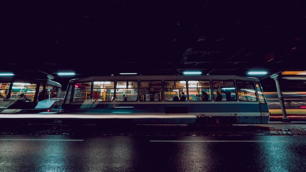 Photo tram at night under the bridge